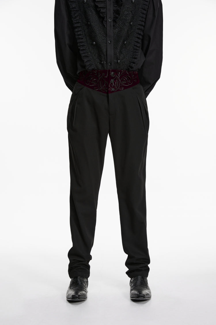 Black Embroidered Spliced Slim Men's Gothic Pants - Product - 4