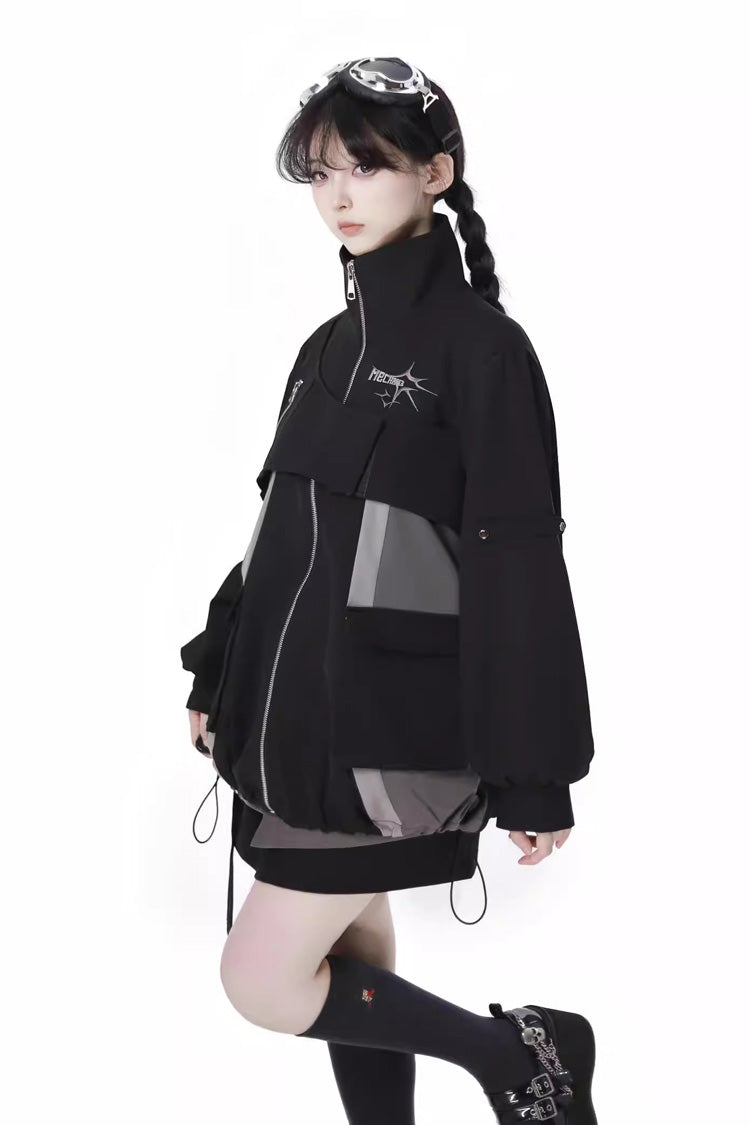 Black [Holographic Cruise] Techwear Long Sleeves Spliced Zippered Gothic Jirai Kei Skirt and Coat Set - Product - 3