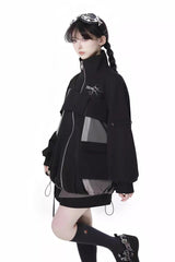 Black [Holographic Cruise] Techwear Long Sleeves Spliced Zippered Gothic Jirai Kei Skirt and Coat Set - Product - 3