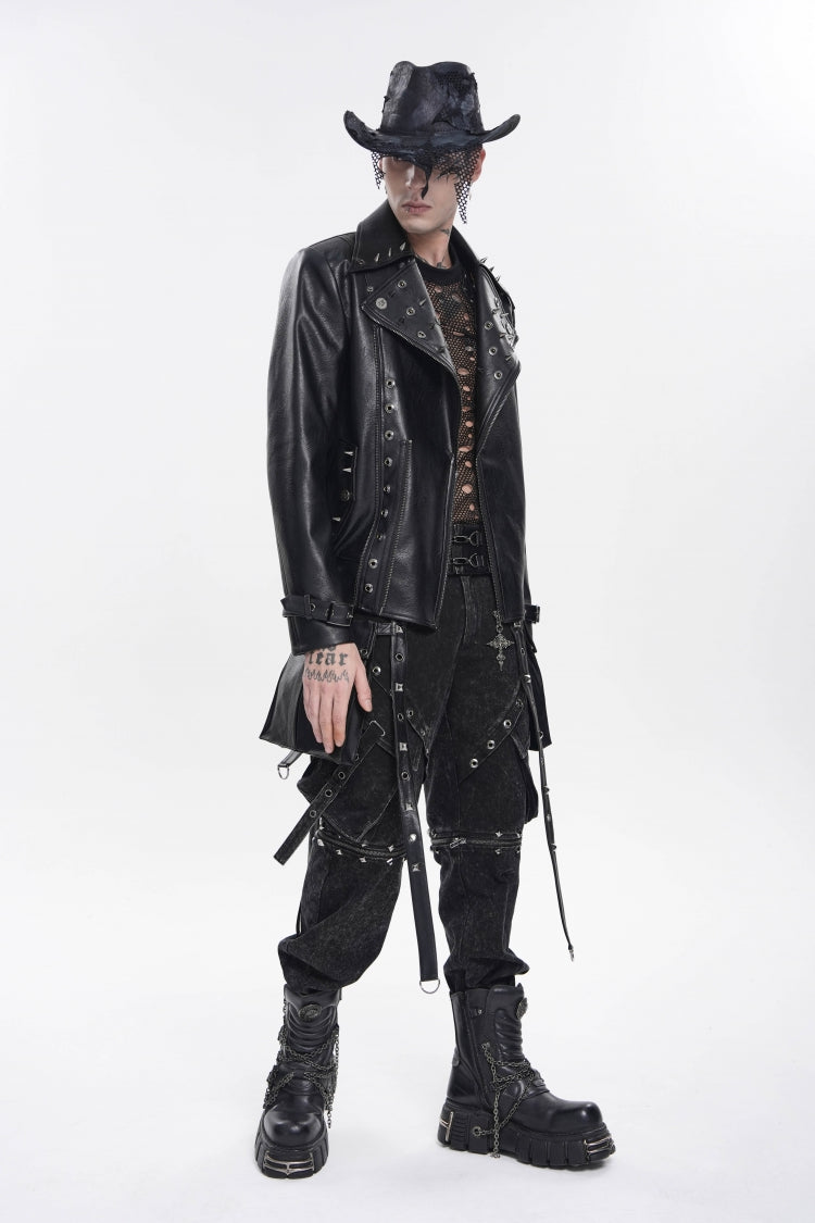 Black Lapel Collar Long Sleeves Studded Buckled Zippered Eyelet Women's Punk Jacket - Product - 5