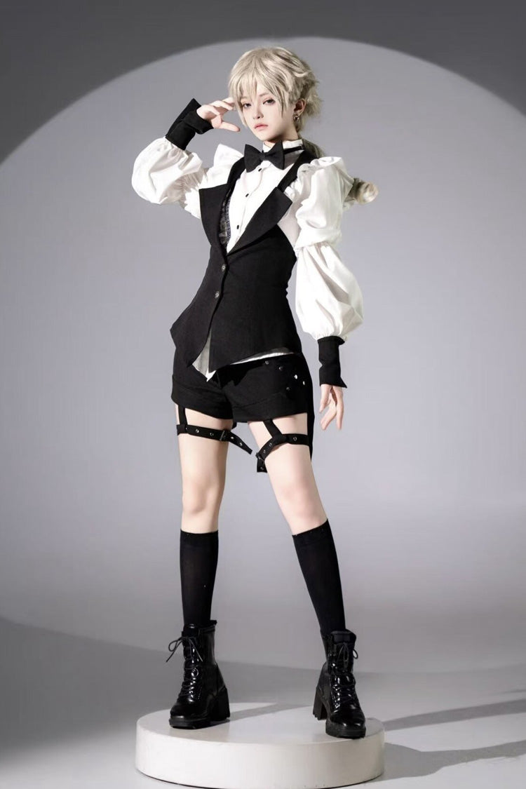 Black/White Stand Collar Long Sleeves Bowknot Gothic Prince Ouji Lolita Blouse Shorts Swallowtail Vest Set - Black(Set) - 1