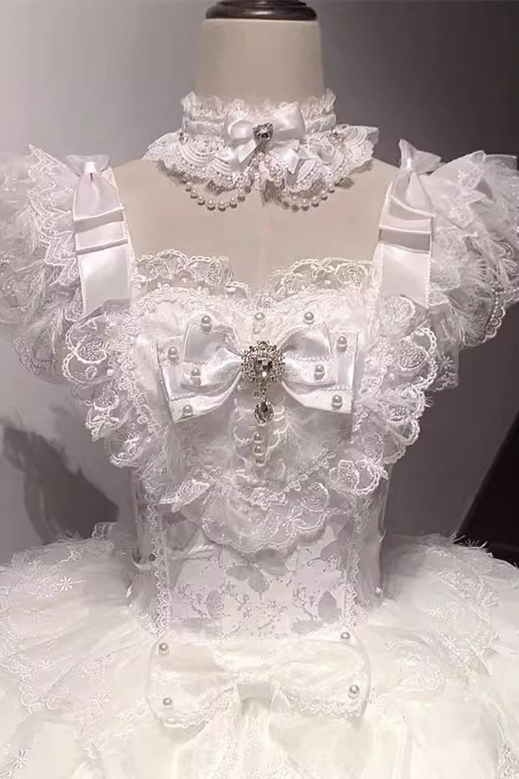 White [Ballad of Feathers] Sleeveless Multi-Layered Ruffle Hanayome Bowknot Sweet Lolita Jsk Dress - Product - 6