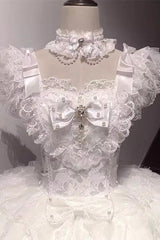 White [Ballad of Feathers] Sleeveless Multi-Layered Ruffle Hanayome Bowknot Sweet Lolita Jsk Dress - Product - 6