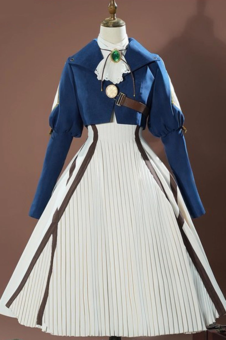 Blue/White Violet Evergarden Violet Cosplay Long Sleeves Cardigan Sweet Lolita Dress Set - Blue/White - 1
