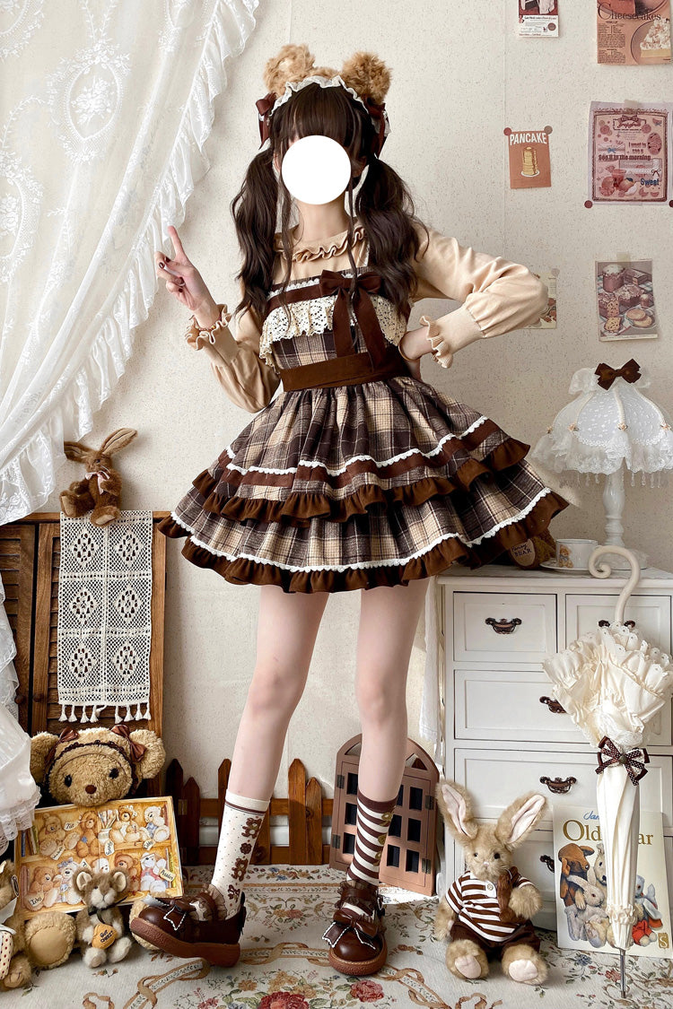 Brown Sleeveless Double-Layered Plaid Print Ruffle Bowknot Lace Sweet Lolita Jsk Dress - Product - 8