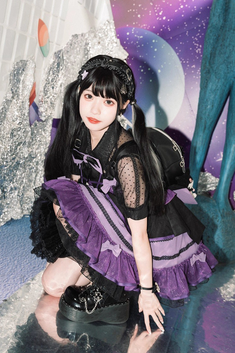Black/Purple [Cotton Cloud] Lapel Collar Ruffle Bowknot Lace-Up Gothic Lolita Jsk Dress - Product - 6