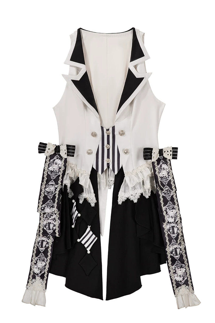 Black/White [Candy Cane] Sleeveless Printed Ruffled Bow Gothic Lolita Skirt Full Set - Vest(Only) - 16