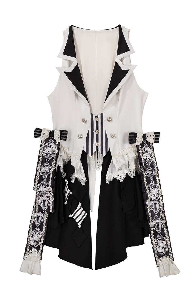 Black/White [Candy Cane] Sleeveless Printed Ruffled Bow Gothic Lolita Skirt Full Set - Vest(Only) - 16