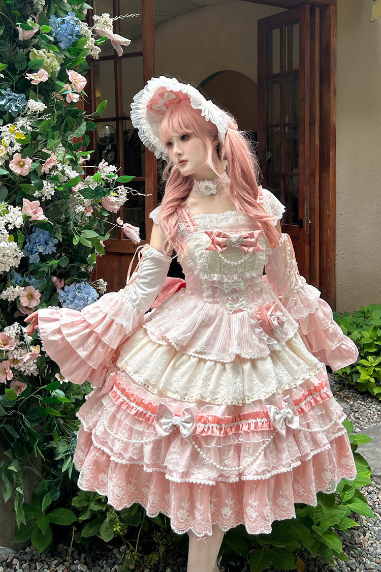 Pink [Falling Sakura] Multi-Layered Ruffled Hanayome Bow Lace Sweet Plus Size Princess Lolita Jsk Dress - Product - 3