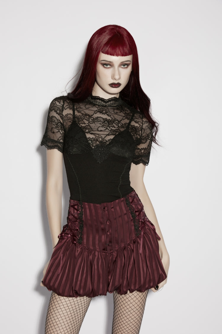 Black Stand Collar Short Sleeves Cut-Out Lace Slim Sheer Faux Two-Piece Women's Gothic Top - Product - 3