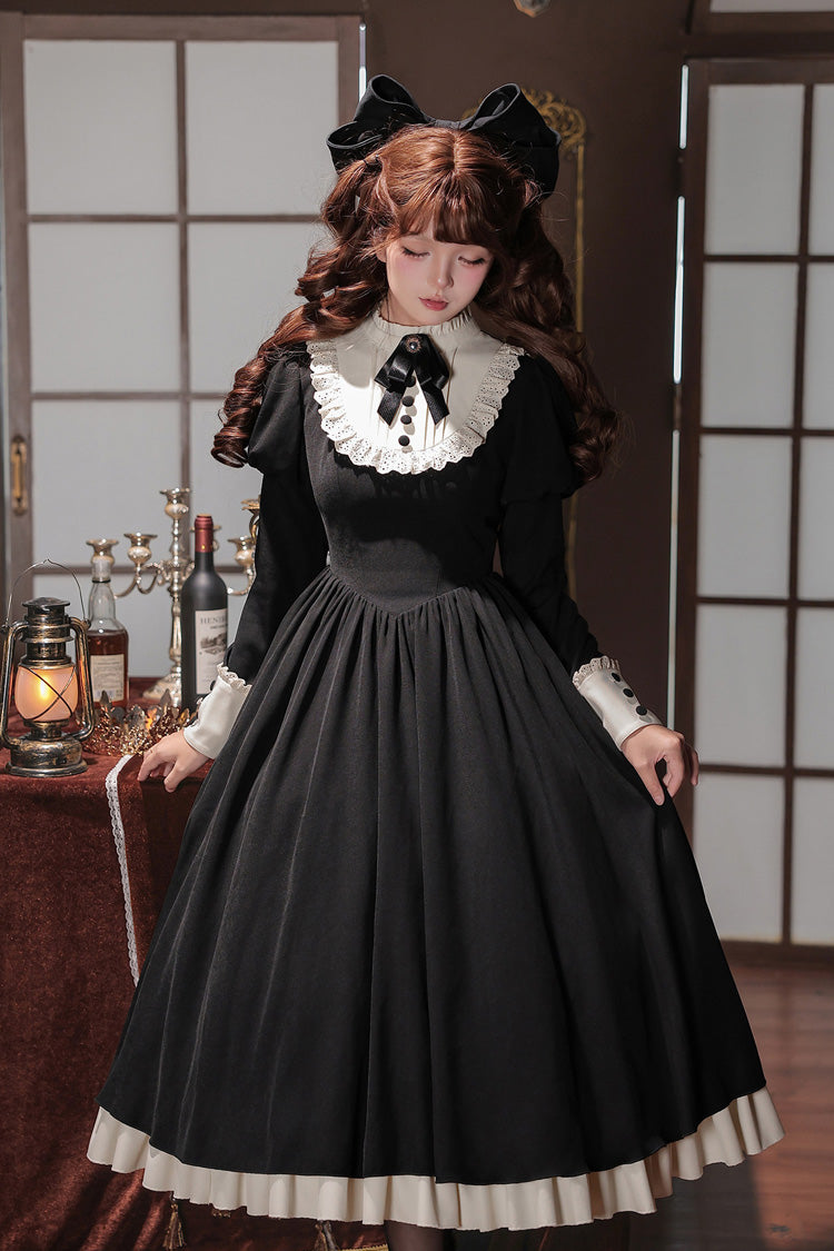 [Miss Lita] Stand Collar Long Lantern Sleeves Triple-Layered Ruffled Classic Elegant Maid Lolita Dress 2 Colors (Red, Black) - Product - 23