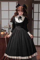 [Miss Lita] Stand Collar Long Lantern Sleeves Triple-Layered Ruffled Classic Elegant Maid Lolita Dress 2 Colors (Red, Black) - Product - 23