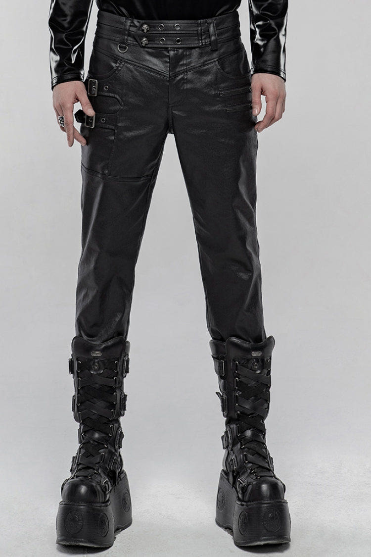 Black Faux Leather Metal Buckle Side Zipper Men's Steampunk Pants - Black - 1