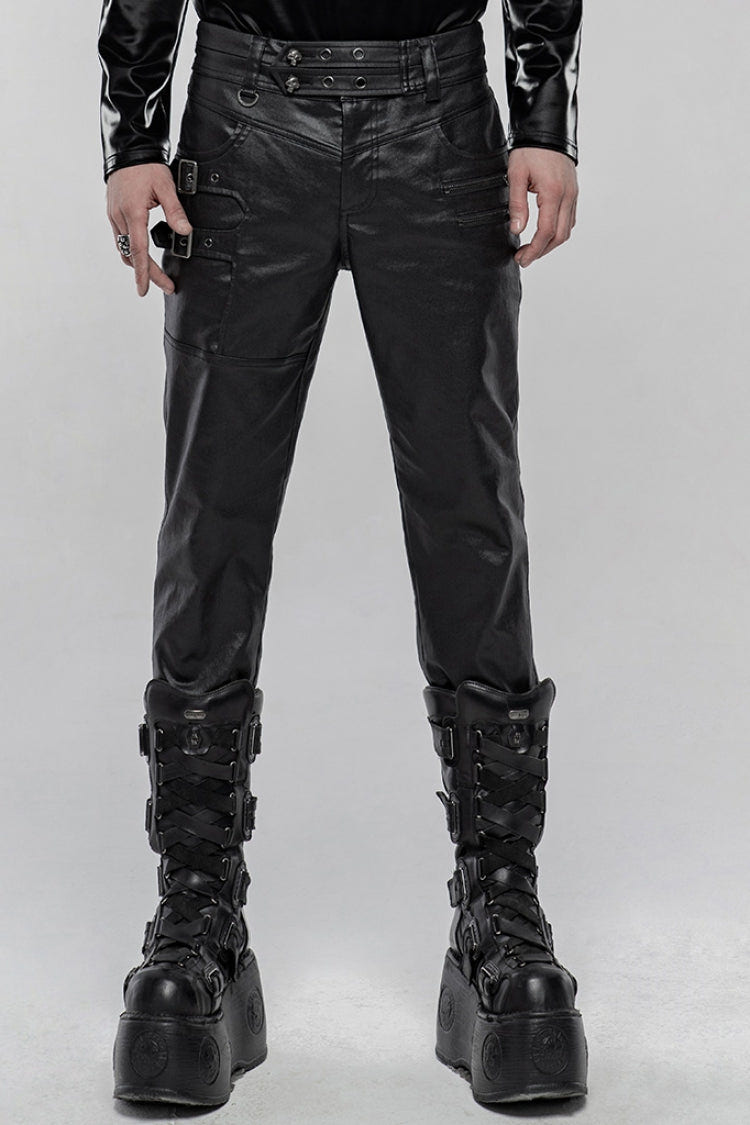 Black Faux Leather Metal Buckle Side Zipper Men's Steampunk Pants - Black - 1