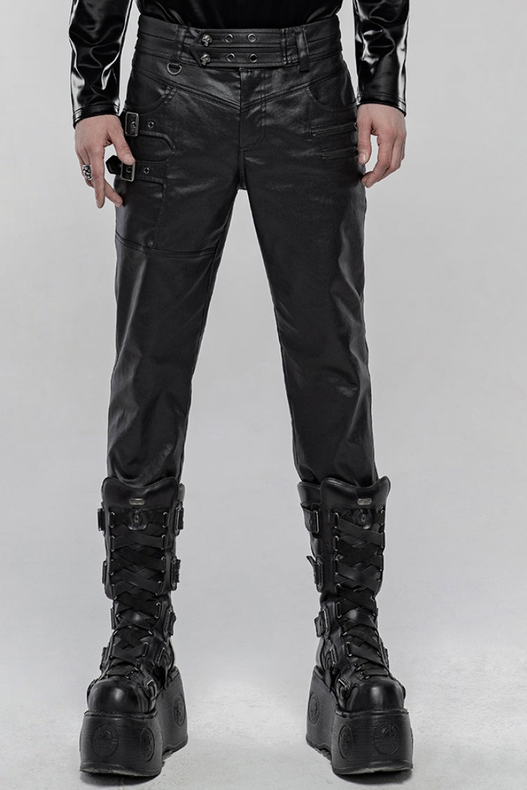 Black Faux Leather Metal Buckle Side Zipper Men's Steampunk Pants - Black - 1