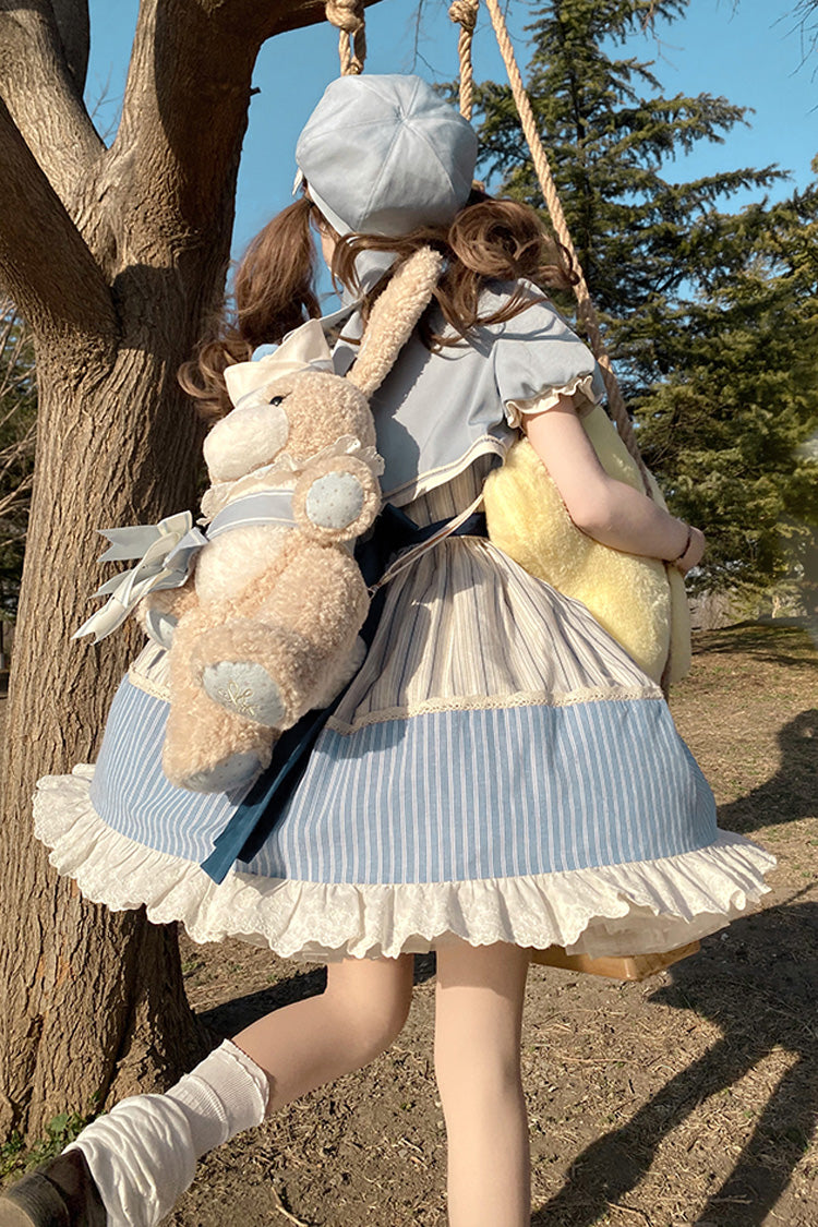Blue/Ivory Catch The Stars Print Navy Style Sleeveless Ruffle Bowknot Sweet Lolita Dress - Product - 10