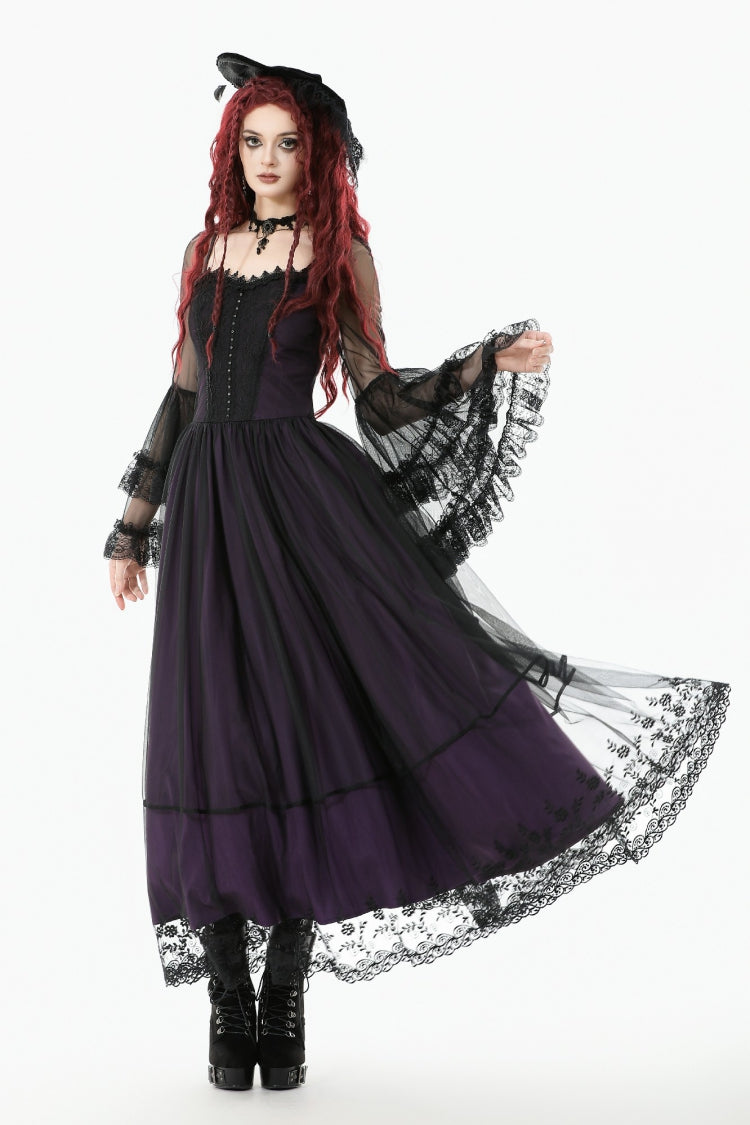 Purple Sheer Lace Square-Cut Collar Double-Layered Long Flared Sleeves  Lace-Up Women's Gothic Maxi Dress - Product - 8