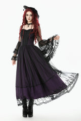 Purple Sheer Lace Square-Cut Collar Double-Layered Long Flared Sleeves  Lace-Up Women's Gothic Maxi Dress - Product - 8