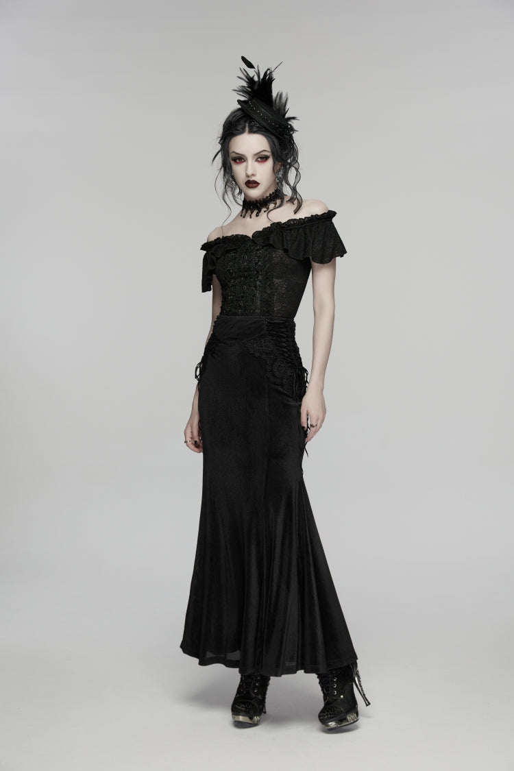 Black Embroidered Lace-Up Slim Women's Gothic Elegant Long Skirt - Product - 6
