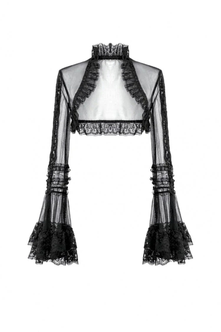Black Lace Ruffled High Collar Long Flare Sleeves Sheer Mesh Women's Gothic Cape - Product - 3