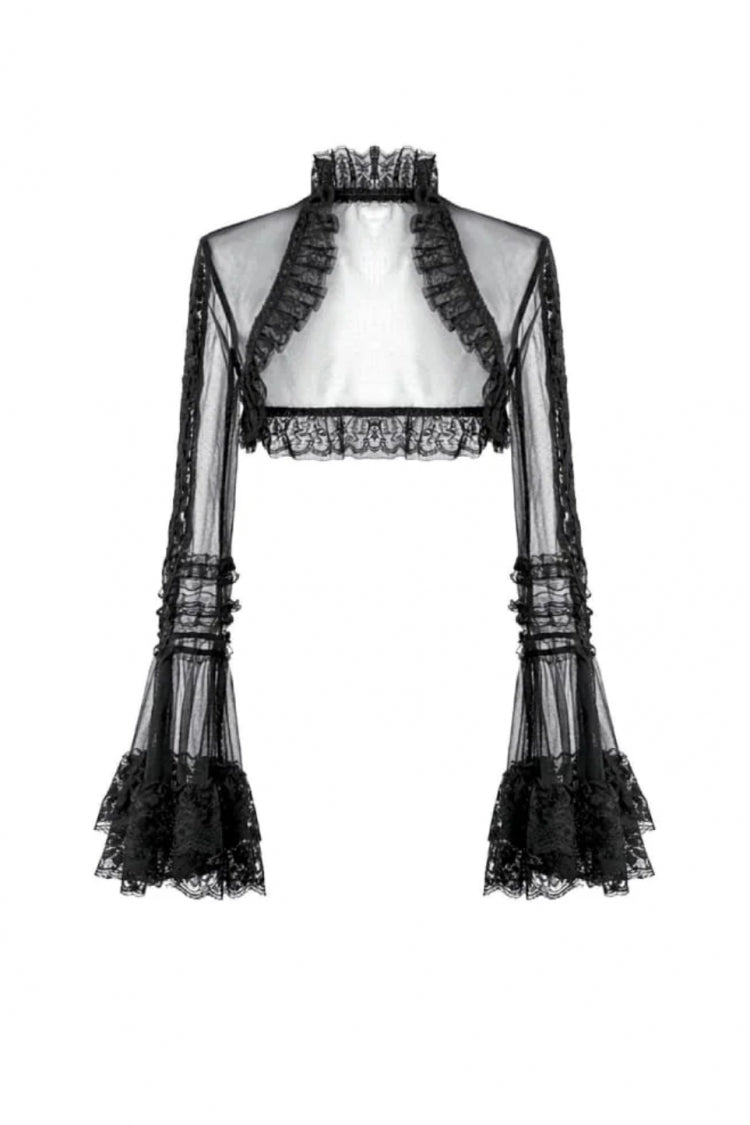 Black Lace Ruffled High Collar Long Flare Sleeves Sheer Mesh Women's Gothic Cape - Product - 3