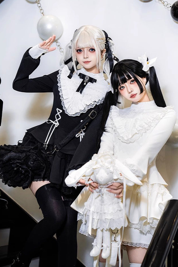 White Long Sleeves Ruffle Lace-Up Sweet Handsome Lolita Dress - Product - 7