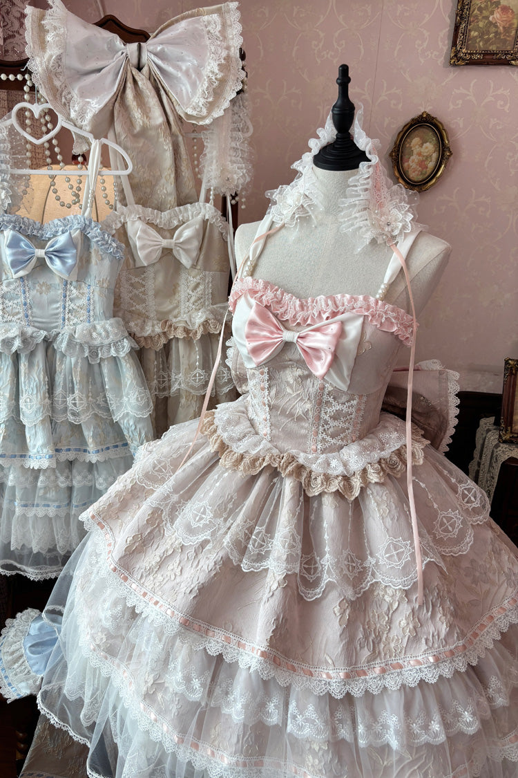 Pink [Moonlight Woven Flower Box] Square Collar Multi-Layered Ruffled Hanayome Embroidered Bow Lace Sweet Plus Size Lolita Jsk Dress Set - Pink(Set) - 1