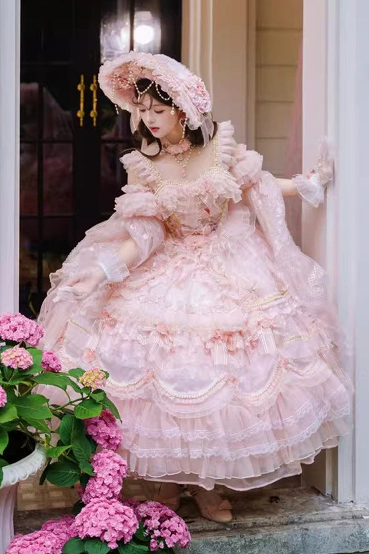 Pink [The Runaway Princess] Sleeveless Multi-Layered Printed Hanayome Bow Lace Pearl-Decorated Sweet Plus Size Gorgeous Lolita Jsk Dress - Product - 4