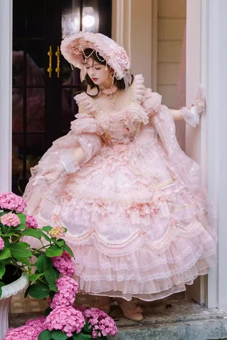 Pink [The Runaway Princess] Sleeveless Multi-Layered Printed Hanayome Bow Lace Pearl-Decorated Sweet Plus Size Gorgeous Lolita Jsk Dress - Product - 4