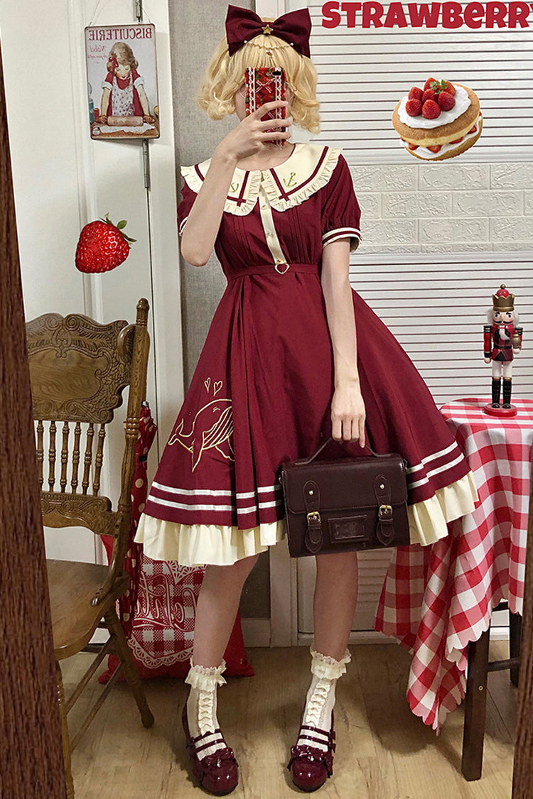 Little Sea Whale Navy Sailor Short Sleeves Sweet Lolita OP Dress 3 Colors - Product - 5