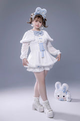 White Long Sleeves Ruffle Bowknot Lace-Up Japanese Jirai Kei Dress Shorts Plush Set - Product - 11