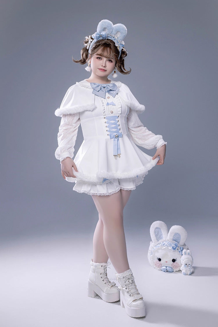 White Long Sleeves Ruffle Bowknot Lace-Up Japanese Jirai Kei Dress Shorts Plush Set - Product - 11