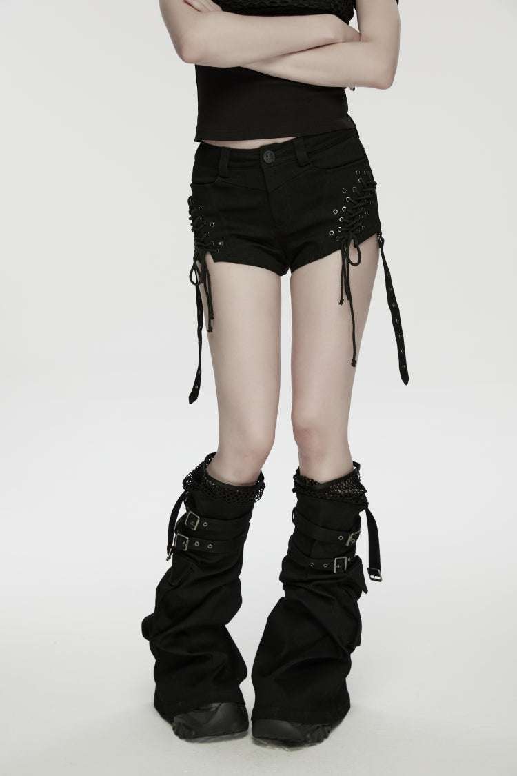 Black Spliced Lace-Up Mesh Detachable Eyelet Women's Punk Shorts - Black - 1