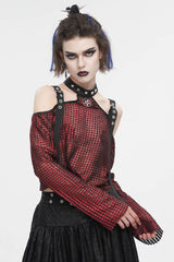 Red Off Shoulder Buckle Sheer Crop Women's Gothic Shirt - Product - 2