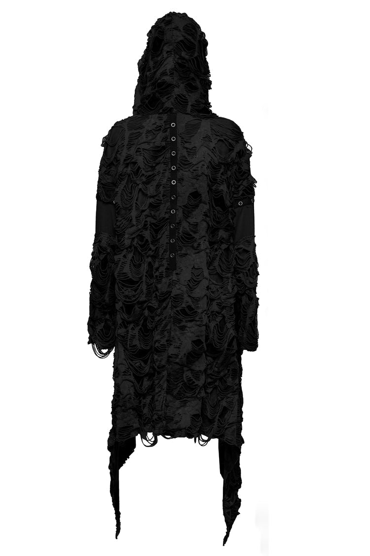 Black Ruffle Hooded Ripped Asymmetric Women's Punk Long Coat - Product - 7