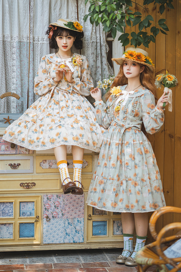 Green [Gardening Sunflower] Long Sleeves Print Ruffle Bowknot Sweet Elegant Lolita Dress - Product - 7