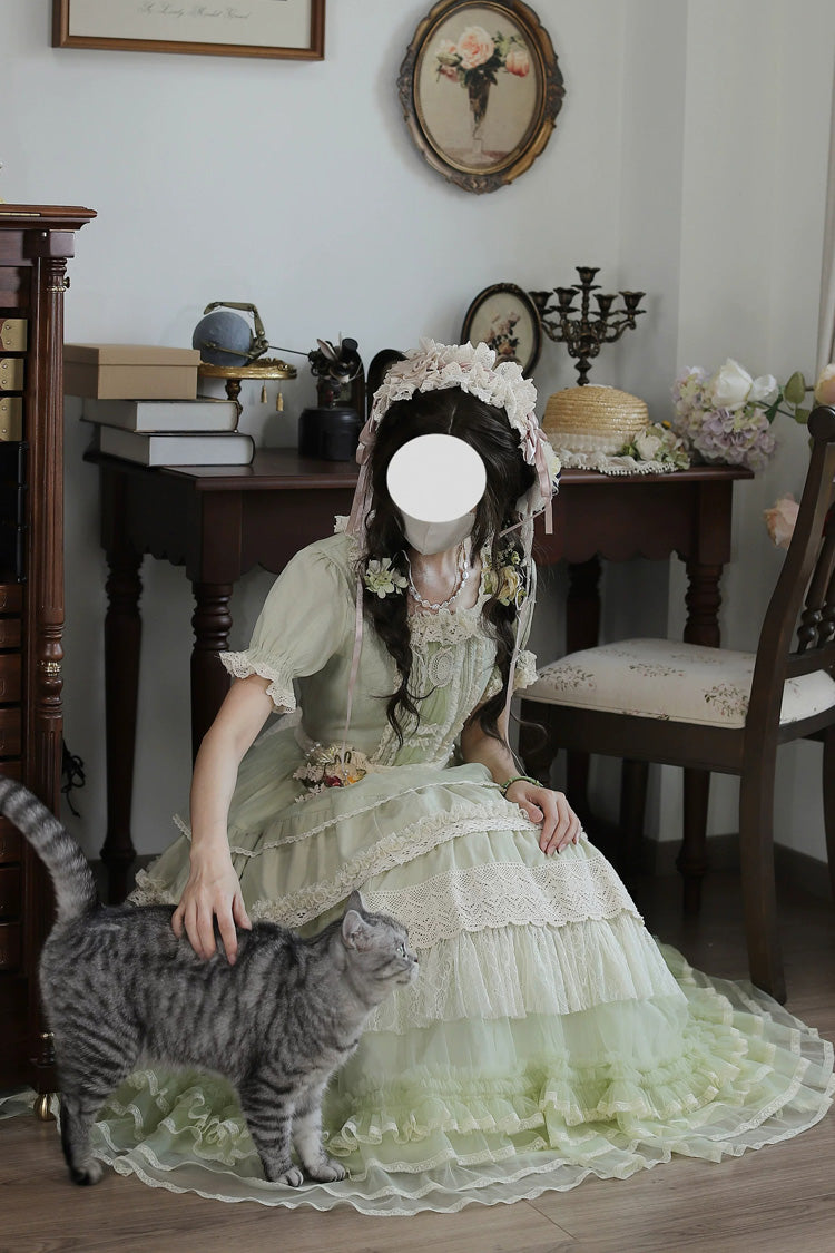 Muscat Green [Vintage Ball 3.0] Square Collar Short Sleeves Lace Pearl Detail Sweet Lolita Dress - Product - 9