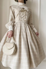 Apricot [Fontainebleau] Long Sleeves Plaid Print Bowknot Elegant Sweet Lolita Dress - Product - 2