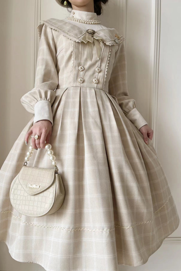 Apricot [Fontainebleau] Long Sleeves Plaid Print Bowknot Elegant Sweet Lolita Dress - Product - 2