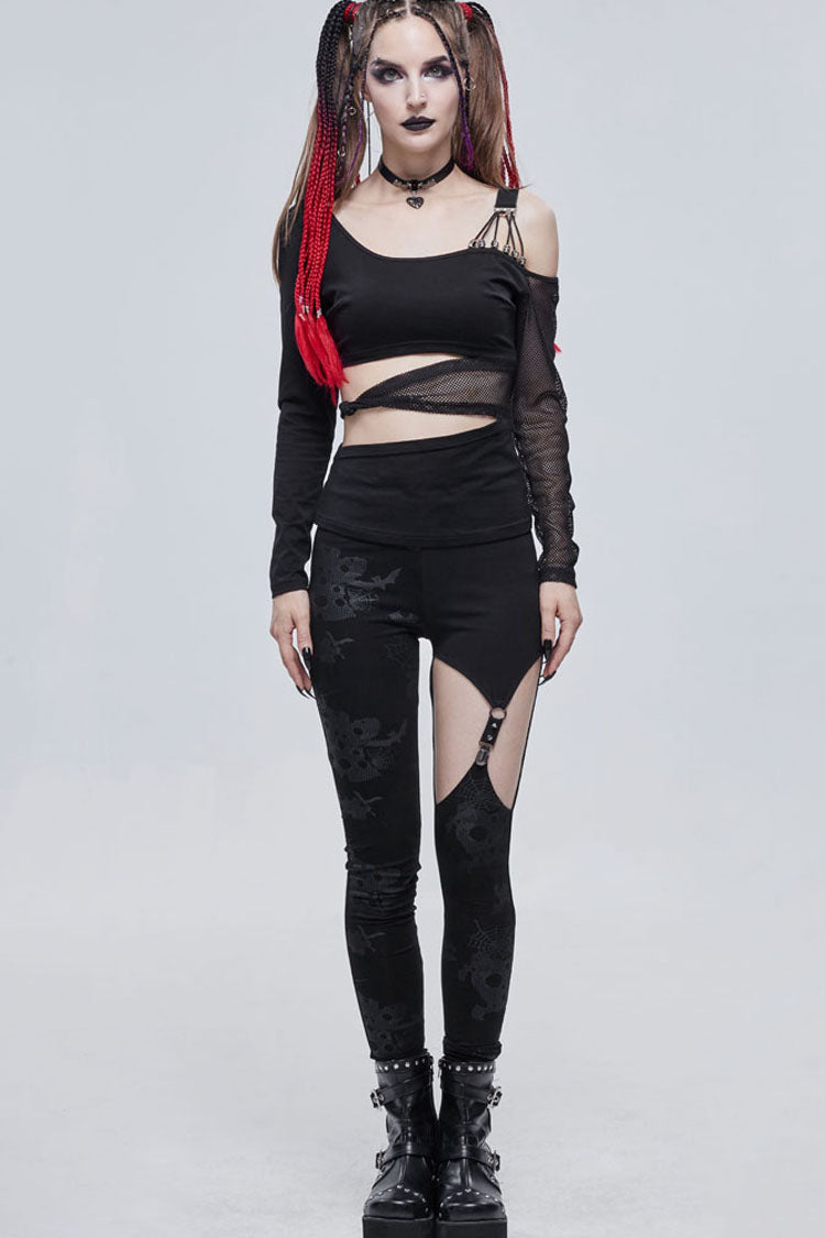 Black Gothic Off-The-Shoulder Asymmetrical Design Small Skull Decoration Long Sleeve Women's Shirt - Product - 2