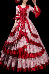 Floral Print Half Sleeves Stitching Ruffled Multi-Layer Victorian Lolita Prom Dress - Wine - 3