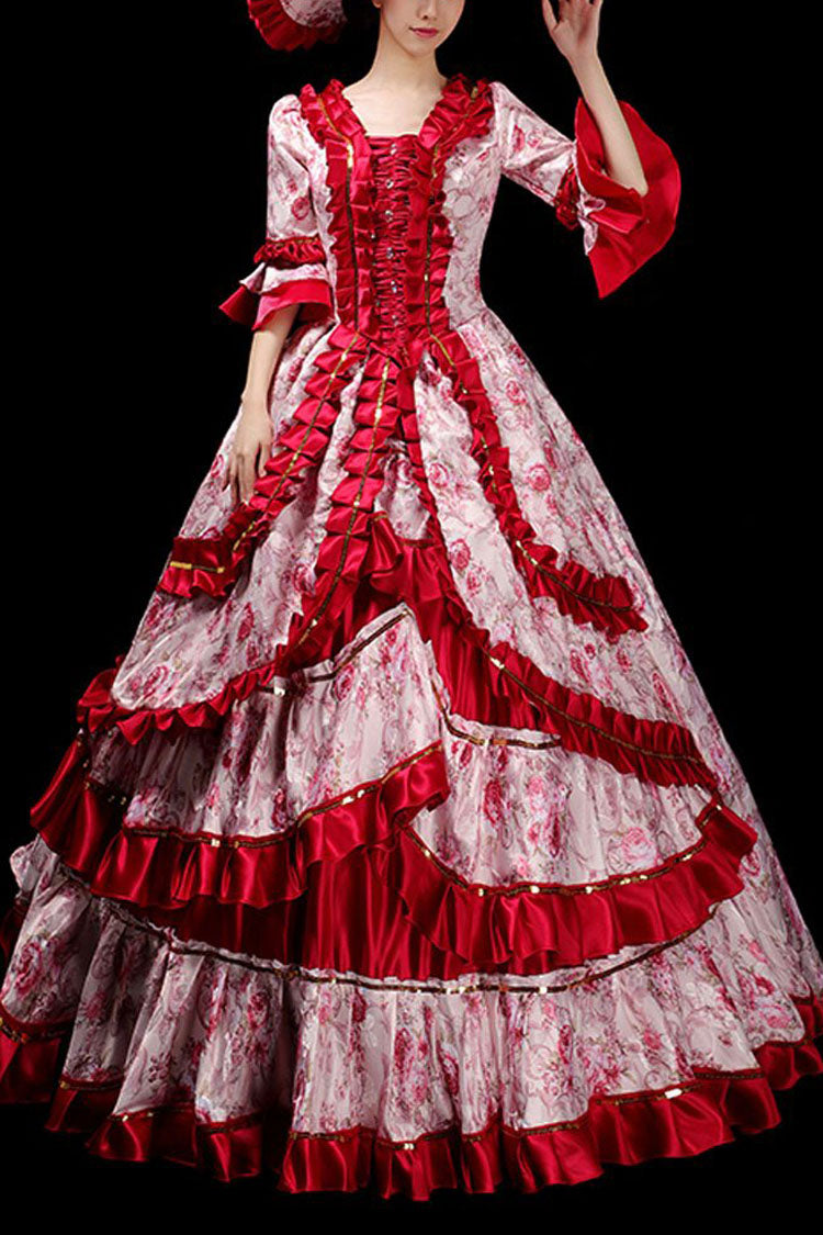 Floral Print Half Sleeves Stitching Ruffled Multi-Layer Victorian Lolita Prom Dress - Wine - 3