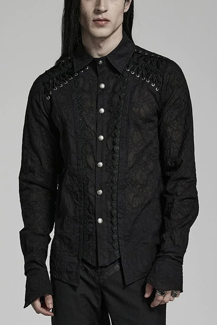 Black Lapel Collar Long Sleeves Lace Mens Daily Gothic Elegant Blouse - Black - 1