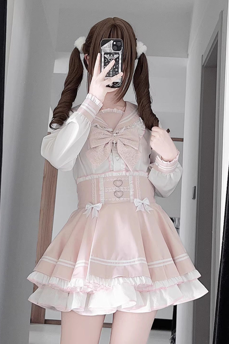 White/Pink [Snow-Kissed Rose] Navy Collar Long Sleeves Triple-Layered Ruffled Bow Sweet Jirai Kei Japanese Skirt Set - Product - 2