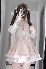 White/Pink [Snow-Kissed Rose] Navy Collar Long Sleeves Triple-Layered Ruffled Bow Sweet Jirai Kei Japanese Skirt Set - Product - 2