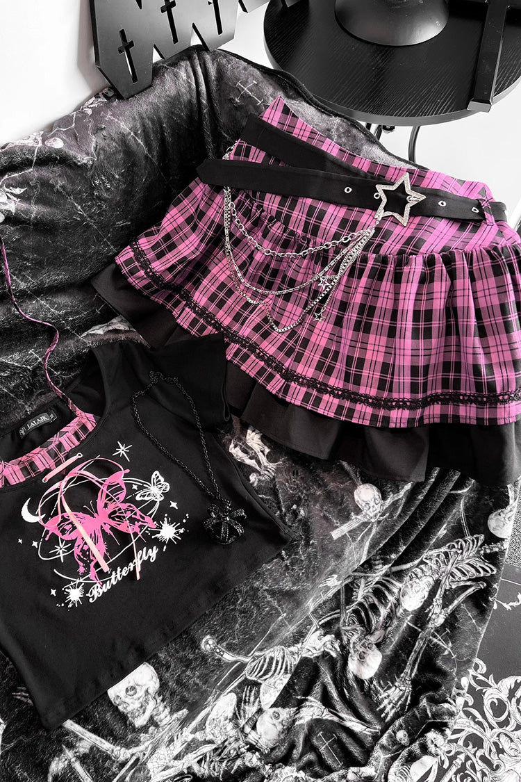 Black/Pink [Butterfly Chapter] Short Sleeves Print Gothic Jirai Kei Skirt Set - Product - 4