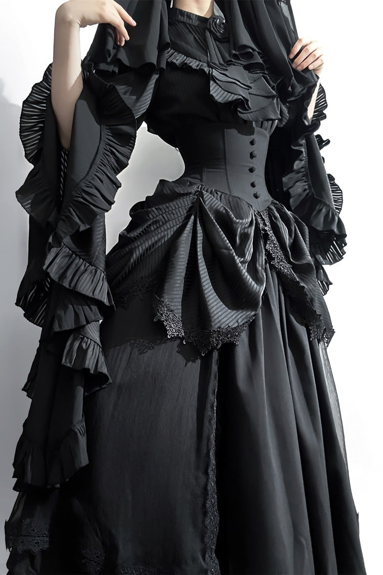 Black [Sleepwalking] Long Hime Sleeves Stitching Lace Plus Size Gothic Elegant Lolita Skirt Set - Product - 14