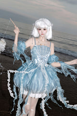 Blue [Dreamy Jellyfish] Square Collar Sleeveless Printed Ruffled Lace Sweet Lolita Jsk Dress Set - Product - 9