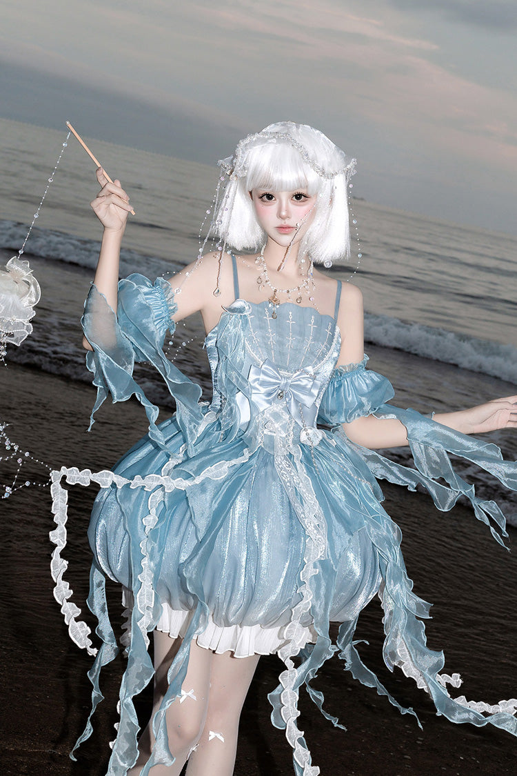 Blue [Dreamy Jellyfish] Square Collar Sleeveless Printed Ruffled Lace Sweet Lolita Jsk Dress Set - Product - 9