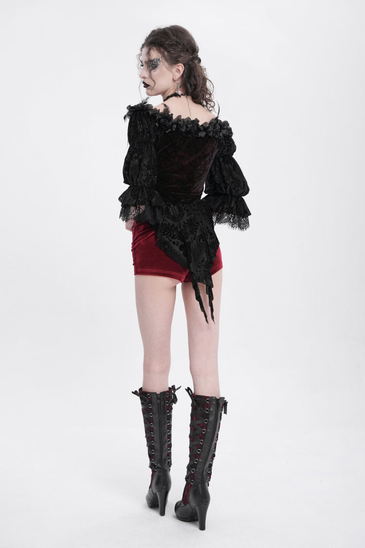 Red Off Shoulder Long Sleeves Ruffle Embroidery Lace-Up Women's Gothic Blouse - Product - 12